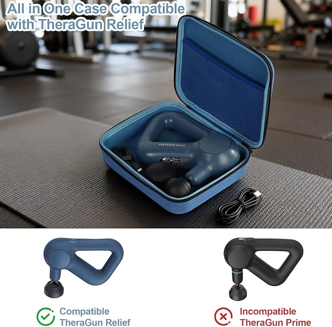 Massage Gun Hard Case Compatible with TheraGun Relief Handheld Percussion Massage Gun Portable Travel Case Storage Carrying Bag with Mesh Pocket for Cables and Other Accessories Blue(Case Only)