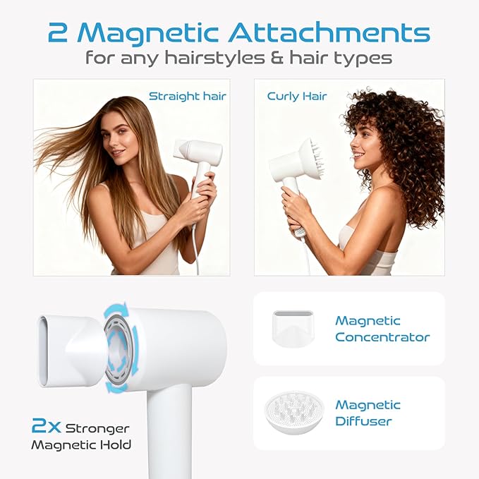 HD Display Hair Dryer: 150000 RPM High Speed Brushless Motor Fast Drying &amp 200M Negative Ionic Blow Dryer Smart Temperature Control 51db Low Noise Magnetic Diffuser &amp Nozzle for All Hair T
