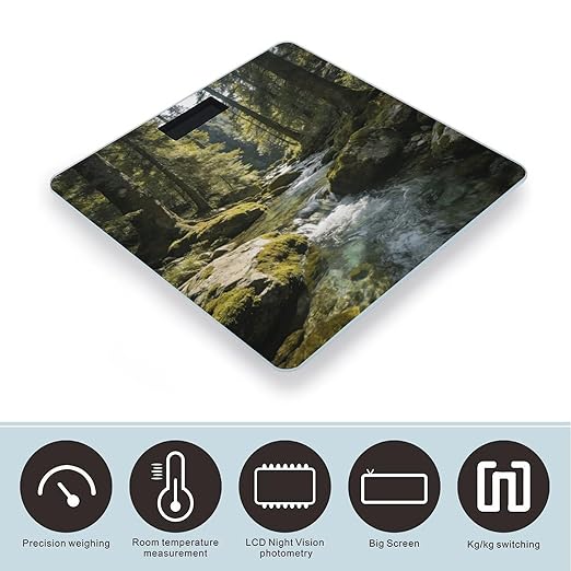 Green Valley Stream Waterfall Weight ScaleClear LED Display Bathroom Digital Weighing ScaleTempered Glass Digital Bathroom Scale for Body Weight Capacity Up to 400 Lbs