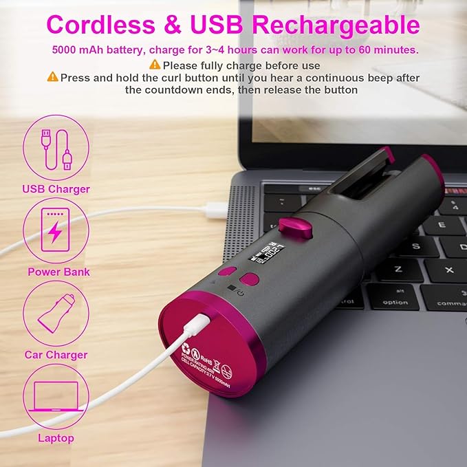 Wireless Auto Hair Curler with Adjustable Temperature and Timer Automatic Cordless Curling Iron with LCD Display Portable Rechargeable Rotating Fast Heating Hair Wand for Style
