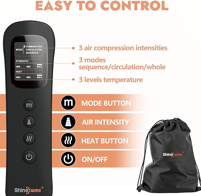 SHINE WELL Leg Massager with Heat and Compression for Circulation 3 Heat 3 Modes 3 Intensities for Pain Relief and Swelling Foot and Leg Compression Massager