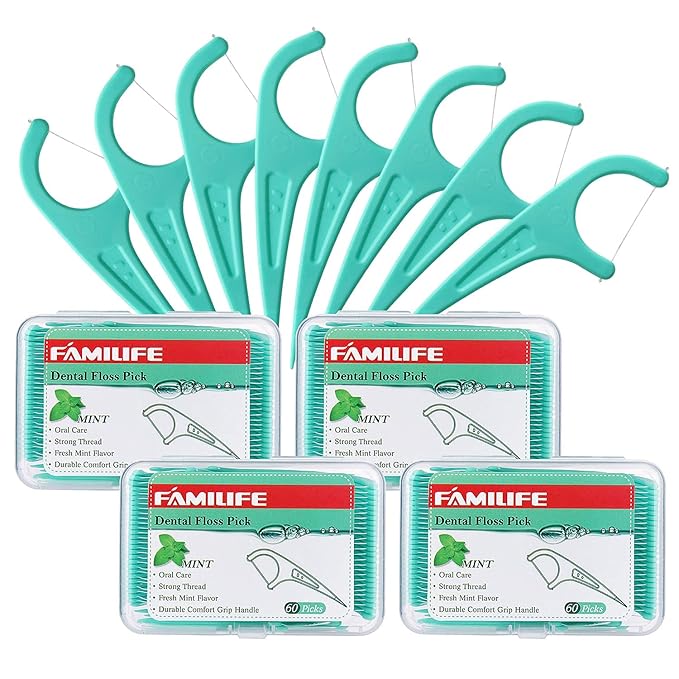 FAMILIFE Floss Picks Mint Dental Floss Picks with 4 Travel Handy Cases 240 Count Flossers and 204 Picks Kid's Dental Floss Picks Fluoride Free