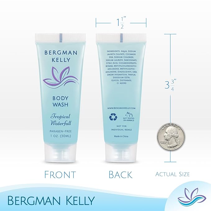 BERGMAN KELLY Travel Size Body Wash (1 fl oz 100 PK Tropical Waterfall) Delight Your Guests with an Invigorating and Refreshing Hotel Body Wash Mini and Small Size Guest Hotel Toiletries in Bulk