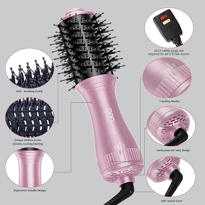 DAN Dual Voltage Hair Dryer Brush2 inch Blow Dryer Brush110V-120V/220V-240V Automatic Dual VoltagesmallBrush Hair dryers with Multifunctional Conversion Plugfor European and Travel Use