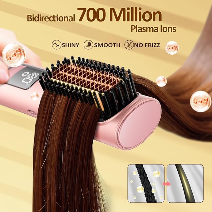 Cordless Hair Straightener Brush Mini Brush Straightener for TravelPortable Straightening Brush for WomenHot Comb Styling Tools &amp Appliances Pink
