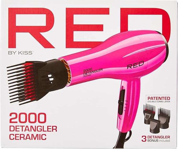 RED by KISS 2000 Ceramic Hair Dryer Professional Salon Blow Dryer 2 Detangler Pik Attachments Tourmaline Technology 3 Heat Settings Easy Storage Loop (Pink)