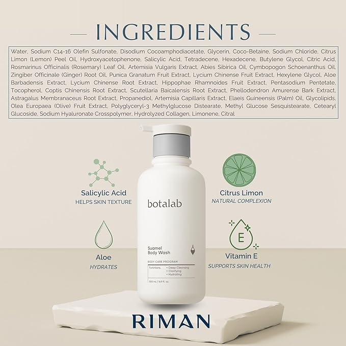 Riman Suamel Body Wash | 16.9oz | Gently Exfoliates with Salicylic Acid &amp Moisturizes with Collagen &amp Hyaluronic Acid | Vegan &amp Cruelty-Free | Clarifying Body Wash for Women &amp Men