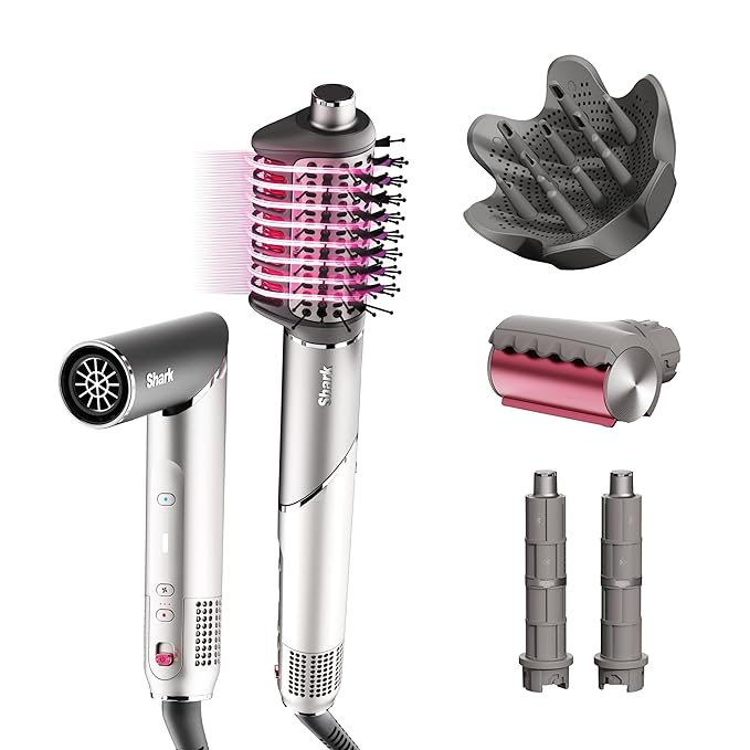 Shark FlexFusion Hair Dryer with Fusion Hair Brush Diffuser Ceramic Air Styler with Auto-Wrap Hair Curlers Ceramic Plates Metallic Mist HD642