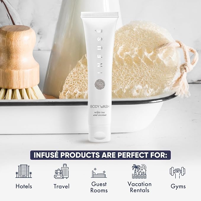 Travel Size Hotel Body Wash 200 Count 1 oz Bottles Guest Amenities for Hotels Vacation Rentals and Short Term Rentals Paraben Free White Tea and Coconut Scent Infused with Aloe and Olive Oil by INFUSE