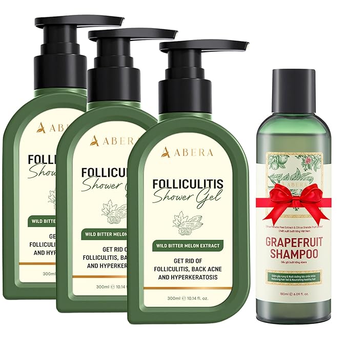 ABERA Folliculitis BHA Shower Gel High-Performance Back Acne Body Wash Wild Bitter Melon Extract Reduces Bacne &amp Hyperkeratosis (1014 Oz Per Item) 3 Boxes + Gift Grapefruit Shampoo