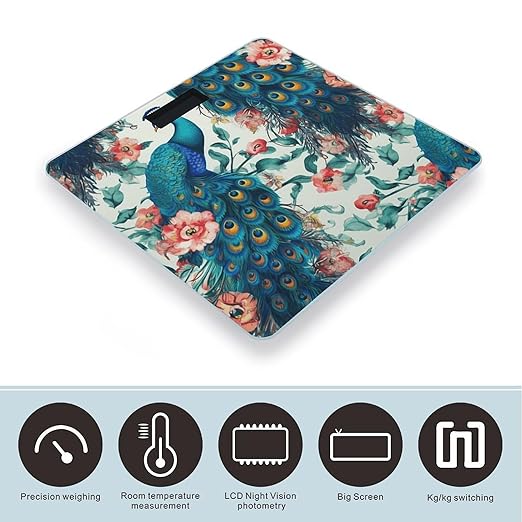 Beautiful Peacock Flowers Scale for Body Weight Safe Rounded Corners Tempered Glass Digital Bathroom Scale LED Display 400lb Capacity Weight Scales with High Precision Sensors