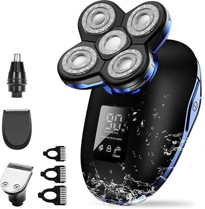Head Shavers for Bald Men 5in1 Digital Display Wet Dry Electric Shaver Men Bald Shaving Machine Beard Hair Trimmer Body Facial Electric Razor Rechargeable (Color : OneColor)