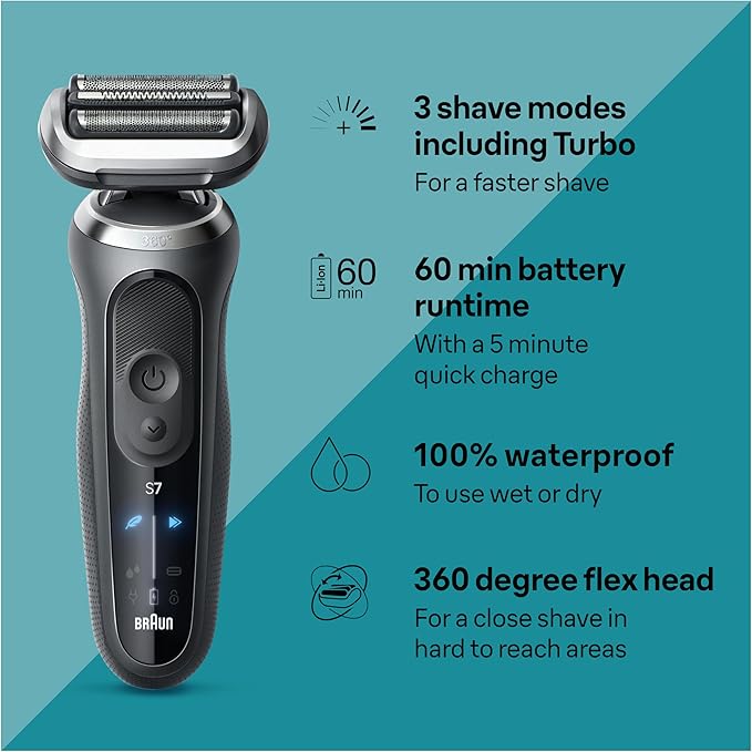 Braun Electric Shaver for Men Series 7 7127cs Wet &amp Dry Shave Turbo &amp Gentle Shaving Modes Waterproof Foil Shaver Engineered in Germany with Beard Trimmer Charging Stand Space Grey