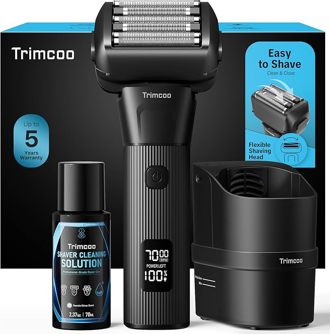 Electric Shaver for Men - Trimcoo 5-Blade Foil Razor Kit | Gentle on Sensitive Skin | Self-Cleaning Center USB-C Charging 180min Runtime IPX7 Wet/Dry Use with Pop-Up Trimmer Ideal Grooming Gift