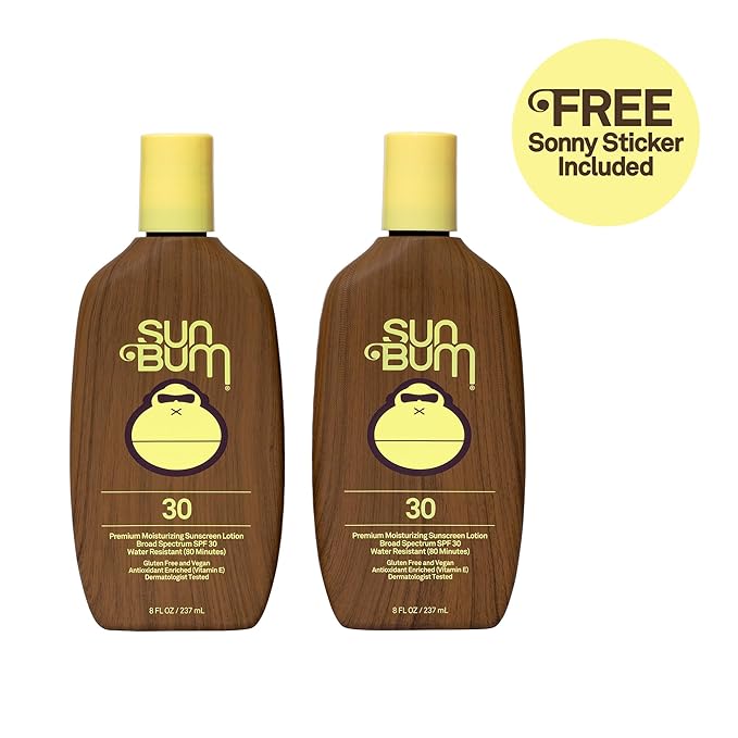 Sun Bum Original Moisturizing Sunscreen Lotion SPF 30 with Sonny Sticker Vegan and Hawaii 104 Act Compliant Octinoxate &amp Oxybenzone Free Broad Spectrum UVA/UVB Vitamin E 2 Pack 8 oz