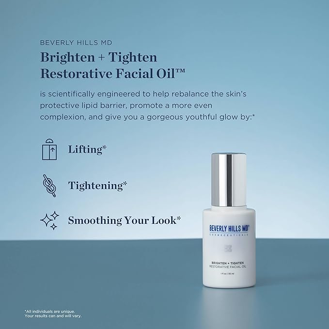 Beverly Hills MD Brighten + Tighten Restorative Face Oil- Reduce Wrinkles &amp Tone Skin Anti-Aging Formula for an Even Moisturized Complexion- Lighten Dark Spots on Face Neck Décolleté w/Vitamin