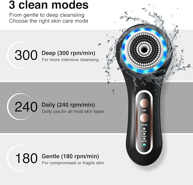 Face Scrubber ExfoliatorFacial Cleansing Brush Rechargeable IPX7 Waterproof with 5 Brush HeadsElectric Face Spin Brush for Exfoliating Massaging and Deep Cleansing (Black+Gold)