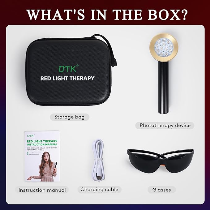 UTK Handheld Blue &amp Red Light Therapy Device with 4 Wavelengths (470/660/850/940nm) Near Infrared Red Light Deeply Pain-Relief Red Light Therapy for Body &amp Face Portable Gift for Women