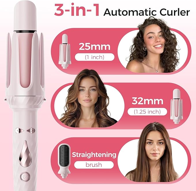 Automatic Curling Iron Hair Curler &amp Straightening Comb 4-in-1 Beach Wave Curling Wand with 3 Ceramic Barrel &amp 1 Hair Straightener Brush 3 Temp Timer Negative Ions