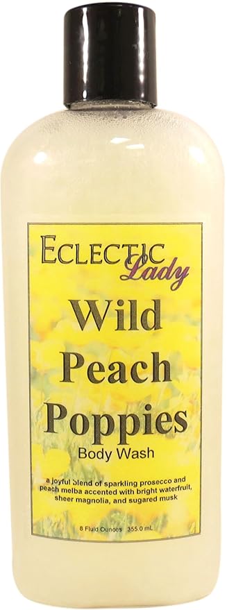 Eclectic Lady Liquid Pearl Body Wash - Wild Peach Poppies Scent 3-in-1 Use For Bubble Bath Hand Soap &amp Body Wash Phthalate-Free Wild Peach Poppies Fragrance Handcrafted in USA (8 oz)