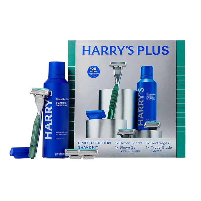 Harry's Plus Men's Father's Day Gift Set with Shaving Razor 3 Blade Refill Cartridges 6.7 FL OZ Foaming Shave Gel Shaving Kit for Men