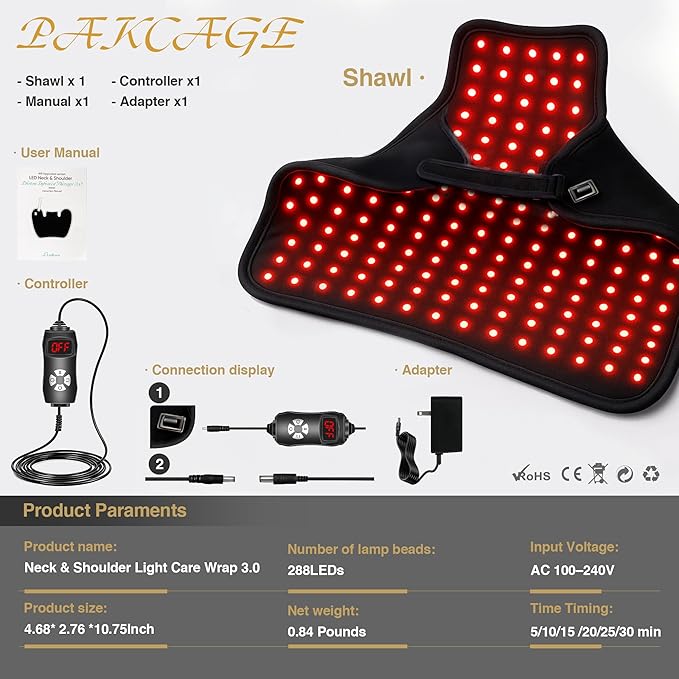 Wearable Red Light Therapy Wrap 3.0 for Neck and Shoulder – 660nm and 850nm LED Infrared Heating Pad with 288 LEDs Deep Warming Muscle Comfort Adjustable Timing Relaxing Neck Device for Home Use
