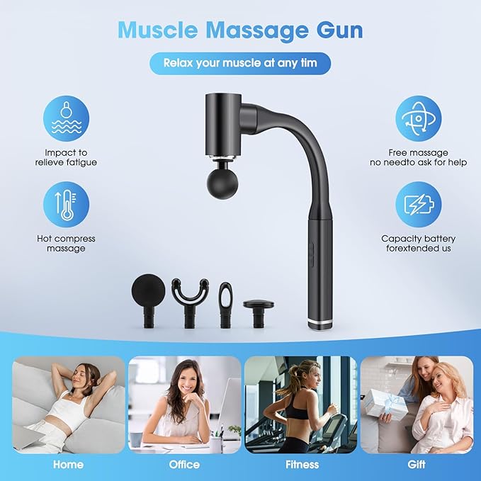 Massage Gun with Upgraded Extension Handle Back and Neck Massage for Pain Relief 12MM Portable Muscle Pain Relief for Back Neck Waist 4 Massage Heads &amp 5 Speed Levels