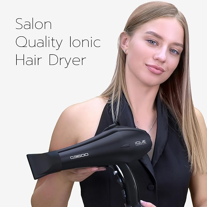iQUE Professional Salon Quality Hair Dryer | 1875W Ionic Blow Dryer | 2 Speeds &amp 3 Heat Modes | Frizz-Free | Includes 2 Nozzles Attachments | Extra Long Cord and Faster Drying Time