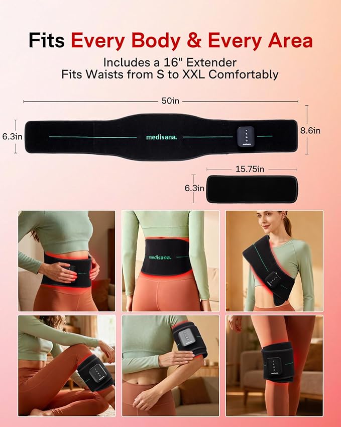 Medisana 3-in-1 Red Light Therapy Belt Cordless &amp Portable Infrared Red Light Therapy for Body with Red Light/Pulse/Heat/Vibration - 660nm/850nm for Back Pain Relief (Regular)