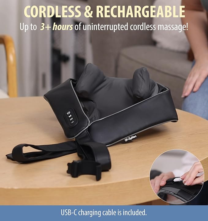 Zyllion Cordless Neck and Shoulder Massager with Heat - 4D Rechargeable Electric Shiatsu Kneading Deep Tissue Massage for Back and Muscle Pain Relief Black ZMA-36