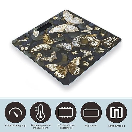Gold White Butterflies Black Bathroom Scale for Body Weight LCD Display Digital Bathroom Scale Tempered Glass Bathroom Weight Scales Fashion Smart Scales for Home Bedroom 400 Lb