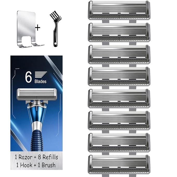 6-Blade Manual Razor for Men with Lubricating Strip 1 Ergonomic Non-Slip Handle Includes 8pack Razor Blade Refill Cartridges with Hanging Hook &amp Cleaning Brush Full Washable Design