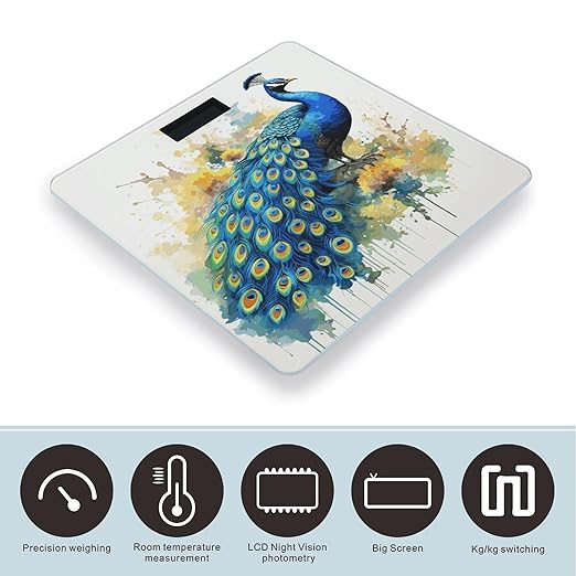 Peacock Watercolor Painting Bathroom Scale for Body Weight Bathroom Weighing Scale with Backlit LCD Display Highly Accurate Measures Weight Up to 180kg