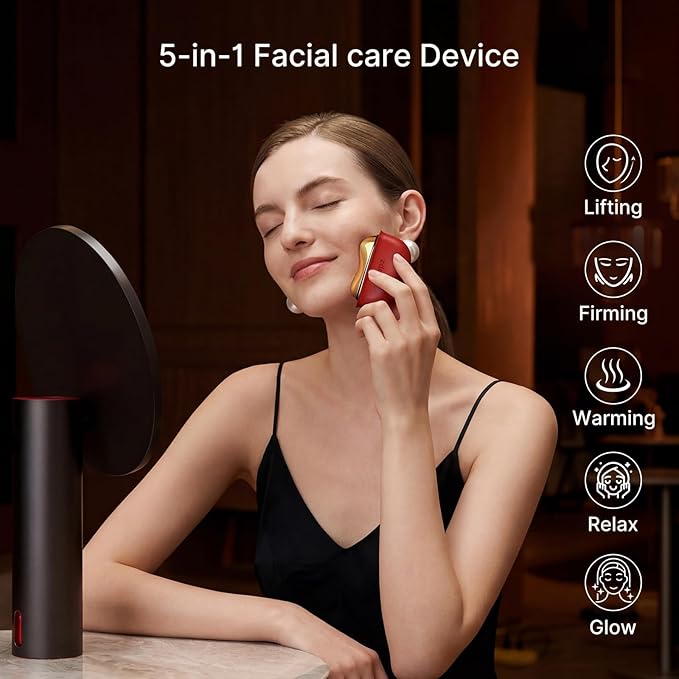 ZDEER Electric Gua Sha Facial Care Set – Heated Brass Face &amp Neck Massager with Red Light Therapy &amp Soothing Vibration Includes 2 × 10ml Massage Oils for Face &amp Body Care