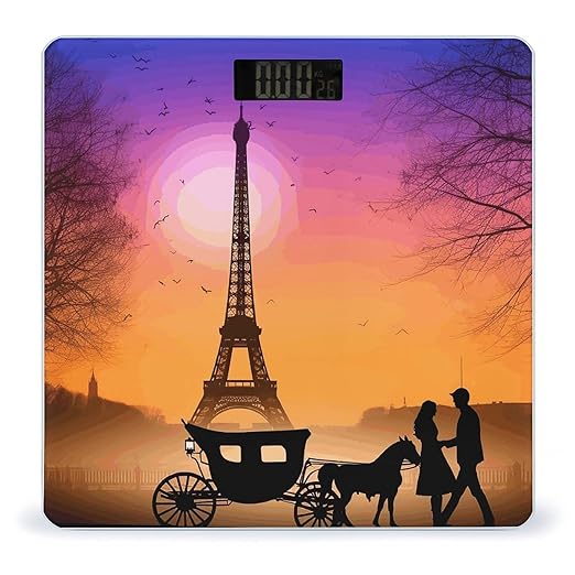 Valentine Paris Eiffel Tower Romantic Couple Carriage Sunset Silhouette Scale for Body Weight Anti-slip Sturdy Tempered Glass Weighing Machine Highly Digital Accurate Bright LCD Bathroom Scale for Hou