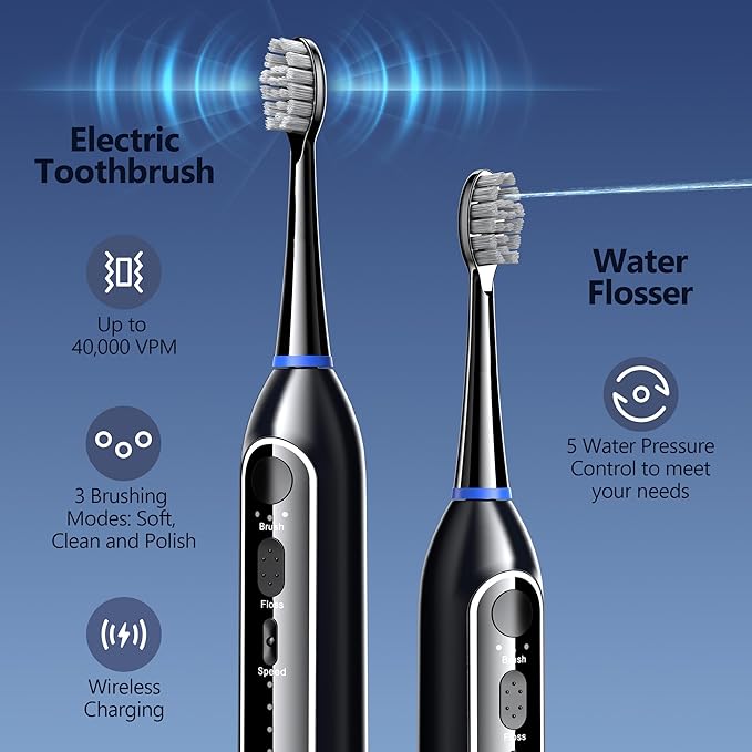 Electric Toothbrush with Water Flosser Combo for Teeth Brushing &amp Flossing Sonic Electric Toothbrush for Adults Cordless Water Flosser for Home &amp Travel Portable Travel Case Included
