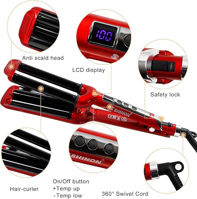 Mannice Ceramic Hair Iron 3 Barrel Curling Iron 0.6 inch / 16mm Perm Instant Curls Hair Crimper and Wavers Red (8 inches) Ideal Gift for Valentine's Day or Mother's Day
