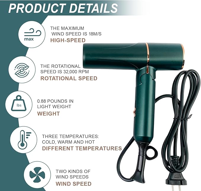 Foldable Hair Dryer - 18m/s Fast Drying 99% Anti-Hair Inhalation 8M Ions 3 Temp/2 Speed Compact Travel Blow Dryer for Salon Shine
