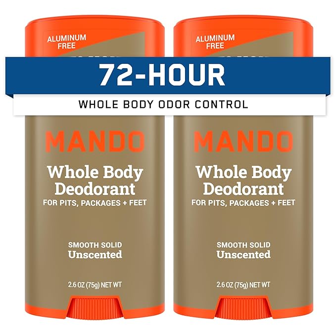 Mando Whole Body Deodorant For Men - Smooth Solid Stick - 72 Hour Odor Control - Aluminum Free Baking Soda Free Skin Safe - 2.6 Ounce (Pack of 2) - Unscented