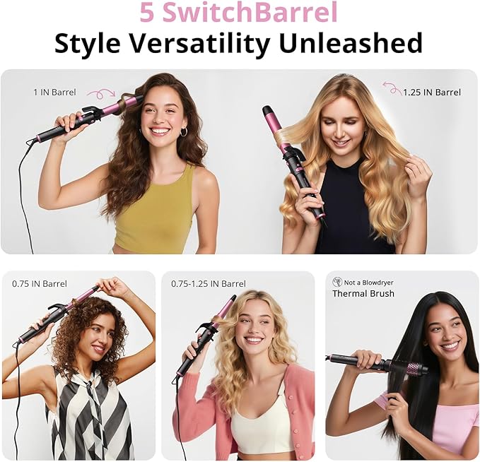 5 in 1 Automatic Rotating Curling Iron Set CrazyMar Curling Wand Set - 5 Barrels (3/411/4 Inch) Dual Voltage Curling Wand for Professional Hair Styling Travel Ceramic Coating(Hot Pink)