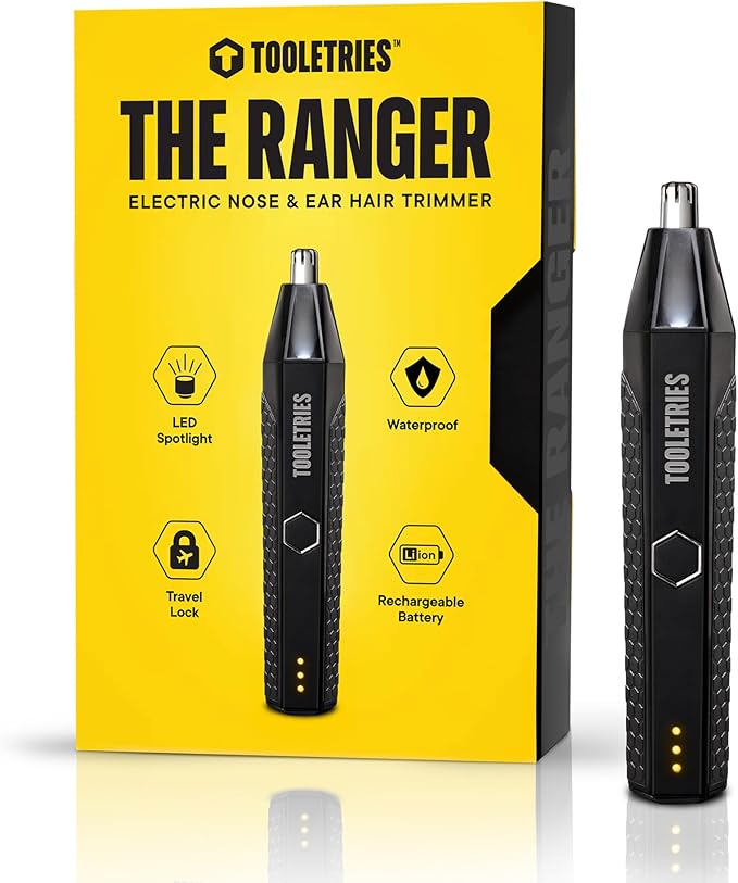 TOOLETRIES The Ranger - Electric Nose &amp Ear Hair Trimmer for Men Wet/Dry Nose Clippers with Stainless Steel Blades Waterproof Rechargeable Li-Ion Battery LED Spotlight Travel Lock - Black