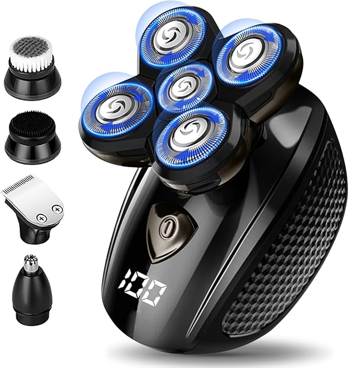 Bald Head ShaverElectric Head Shavers for Bald Men 5-in-1 Head and Face Grooming Kit Waterproof Cordless Rotary Razor and USB RechargeableGifts for Men