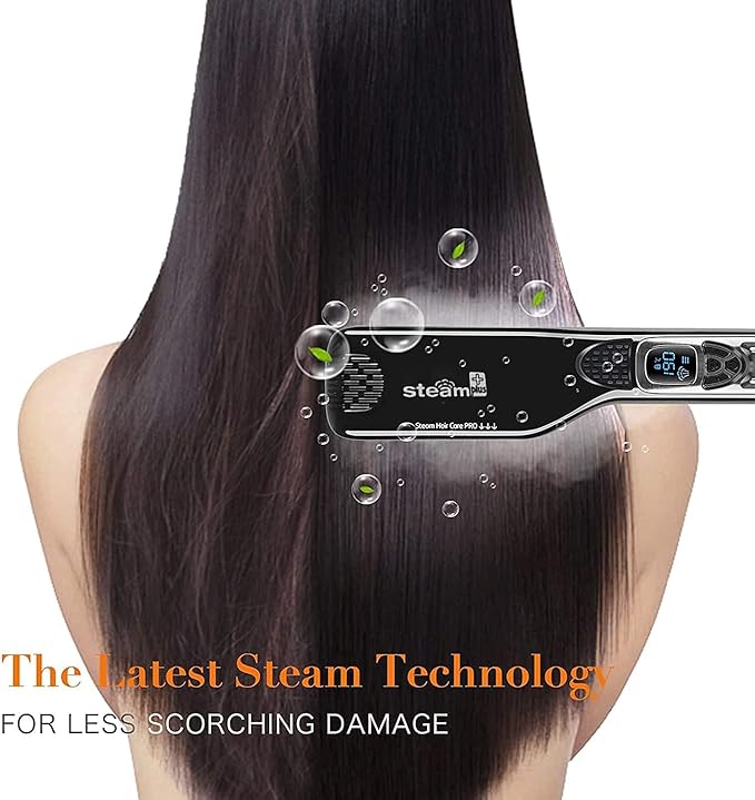 SteamPlus Professional Steam Hair Straightener with LCD Display White and Black 6 Steam Vents Detachable Guide Comb Temperature Control Ceramic Plates (Black)