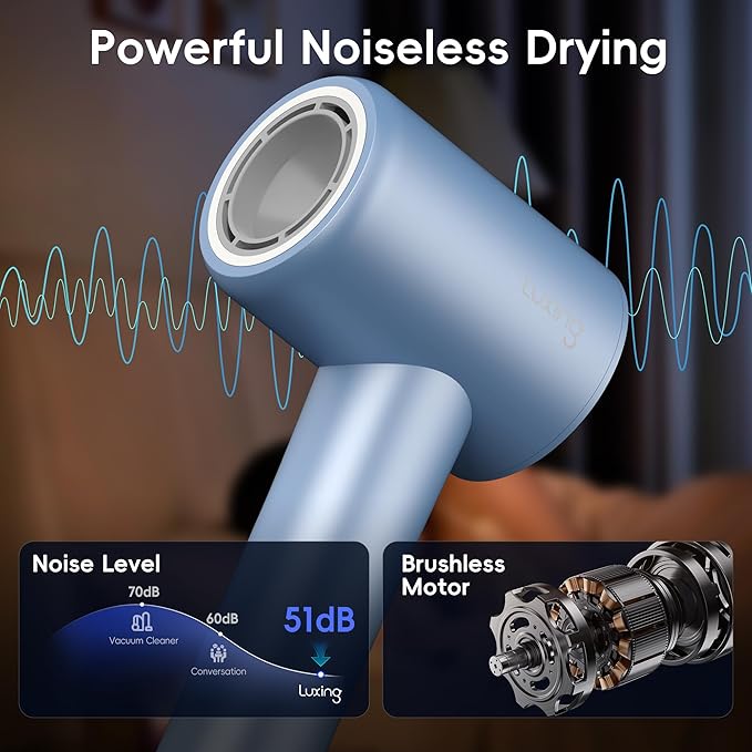 Hair Dryer TurboLux Ionic 200 Million Negative Ions 1500W Fast Drying High Speed Hairdryer with Diffuser Lightweight Low Noise Hair Dryers for Women with 110000 RPM Brushless Motor (Steel Blue)