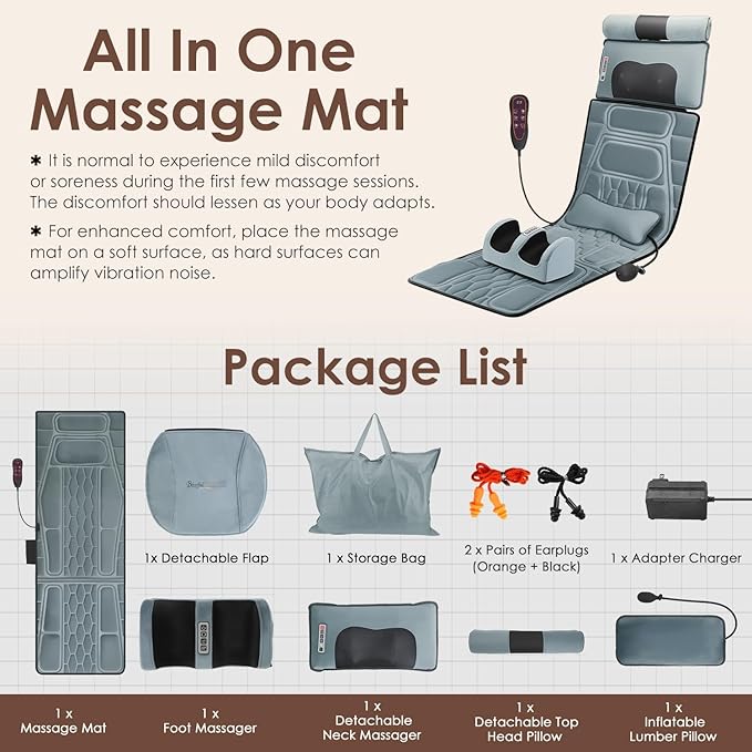 Full Body Massage Mat with Heat&ampVibration -Flannel Shiatsu Back Massager Heat Timer Neck&amp Foot Massager Lumbar Pillow&ampHead Pillow - Massage Chair Pad w Anti-Slip Bottom for Stress Relief/G