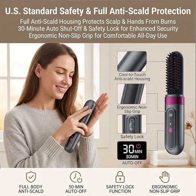 Cordless Hair Straightener Brush Portable Mini Ionic Straightening Comb with LCD Display &amp 3 Temp Settings USB Rechargeable Travel Hair Straightener for Women Anti-Scald &amp Fast Heating (2 D