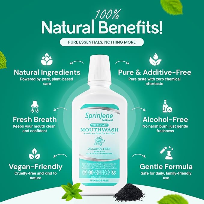 SprinJene Customer Favorite's Oral Care Bundle – Natural Toothpaste &amp Alcohol-Free Mouthwash Set Fluoride Free SLS Free Black Seed Oil &amp Zinc Formula Premium Value Essentials Duo Pack