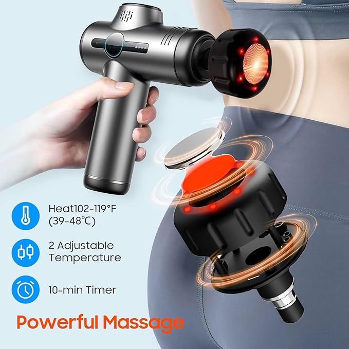 Massage Gun with Heat Compact Handheld Massager for Home Office &amp Gym Mini Massage Gun with 7 Massage Heads Quiet and Portable