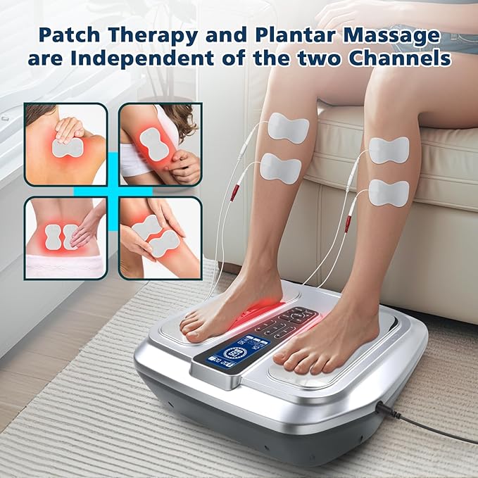 EMS Foot Massager with HeatTENS Electronic Muscle Circulation Stimulator with 4 Electrode Pads for NeuropathyRelieves Swelling Fatigue Plantar Fasciitis-Silent Operation (Silver) (Silver)