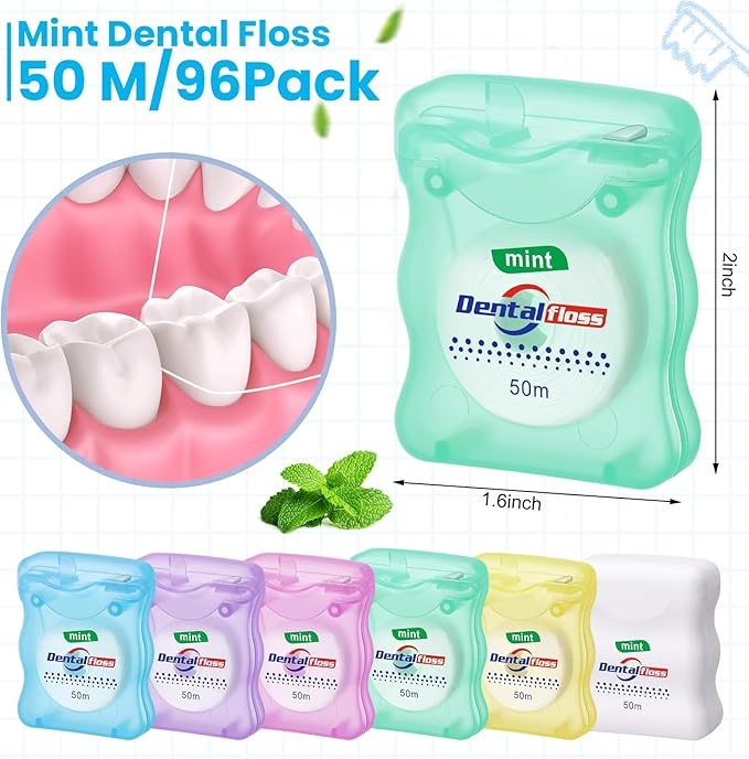 Geiserailie 96 Pack Dental Floss Bulk Mint Flavored Floss 50m Each Travel Dental String Oral Care for Teeth Protection (Square Wavy Box)